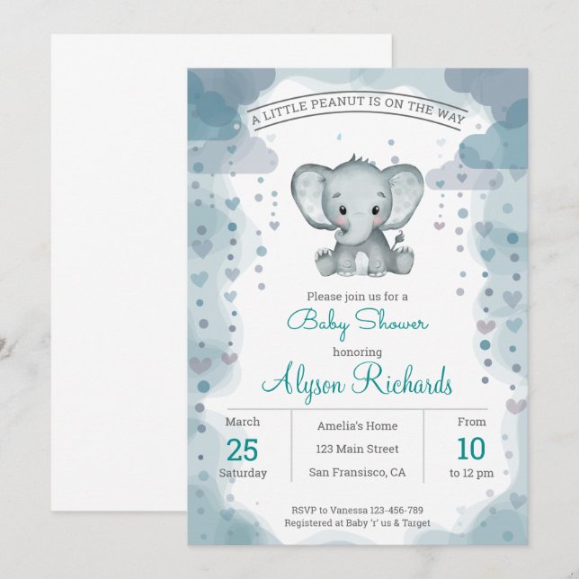 Grey Elephant Watercolor Baby Shower Invitation (Front/Back)
