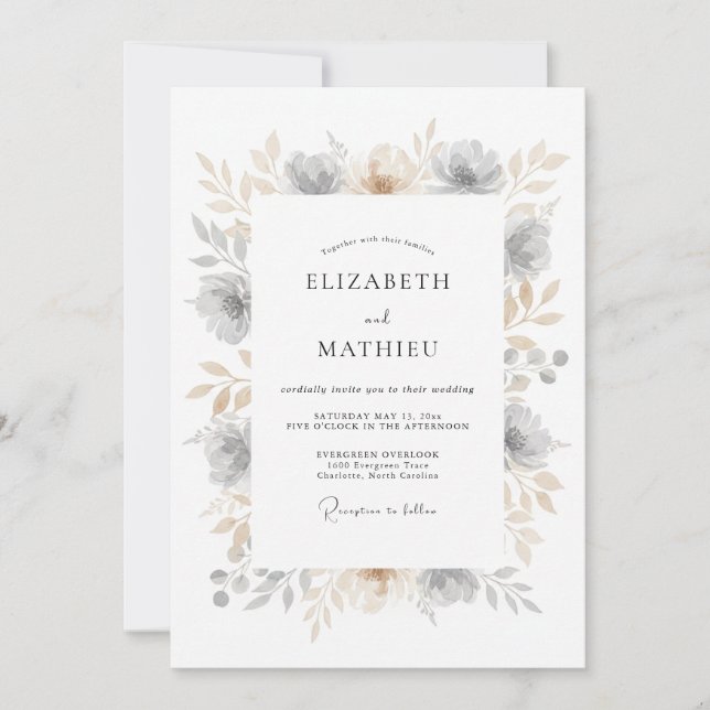 Grey Ethereal Botanical Flourish Wedding Invitation (Front)