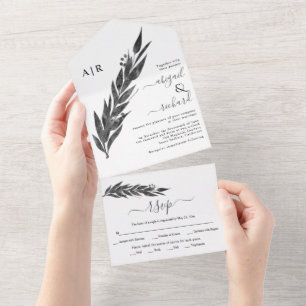 Grey eucalyptus branch with leaves winter wedding all in one invitation