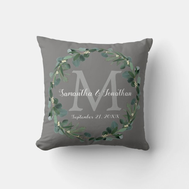 Grey Eucalyptus Monogram Wreath Wedding Keepsake Throw Pillow (Front)