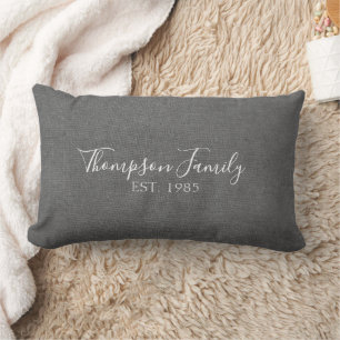 Grey Fabric Stiches Linen look with Family name Lumbar Pillow