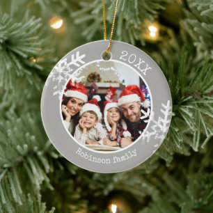 Grey Family Photo Snowflake Christmas Ceramic Ornament