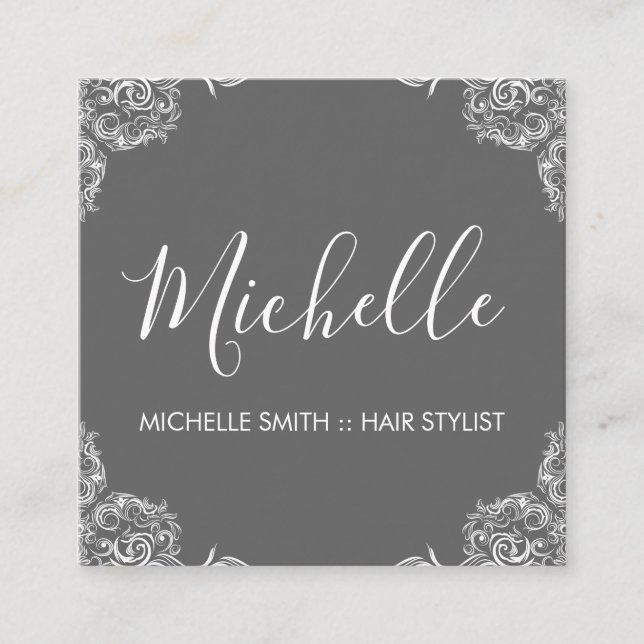 Grey Fancy Corners Script Text Square Business Card (Front)