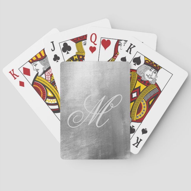Grey Fancy Monogram Shiny Faux Silver Foil Playing Cards (Back)