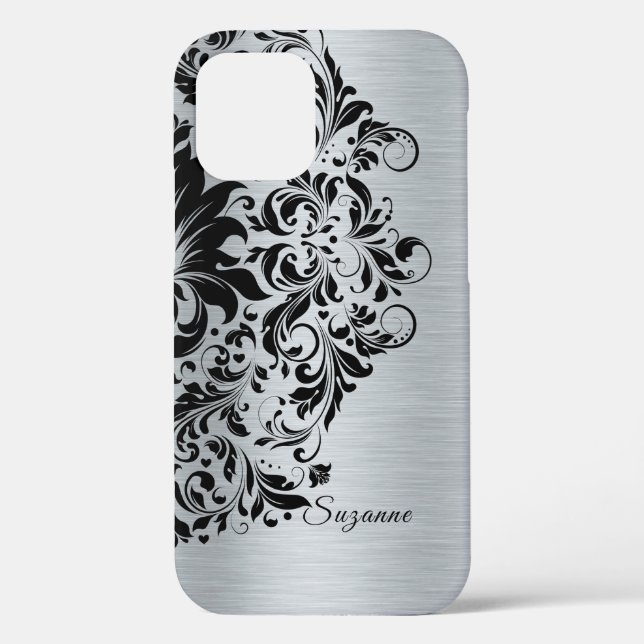 Grey faux aluminum black lace Case-Mate iPhone case (Back)
