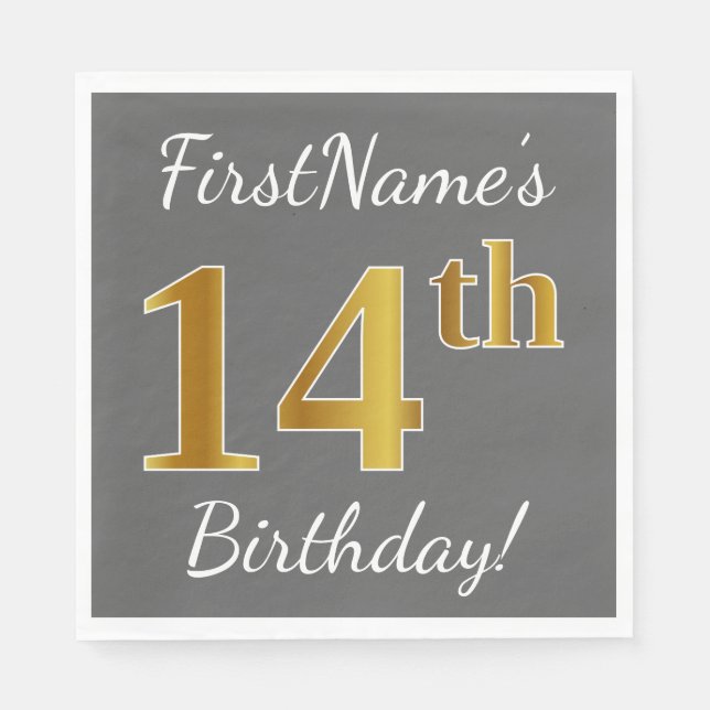 Grey, Faux Gold 14th Birthday + Custom Name Napkin (Front)