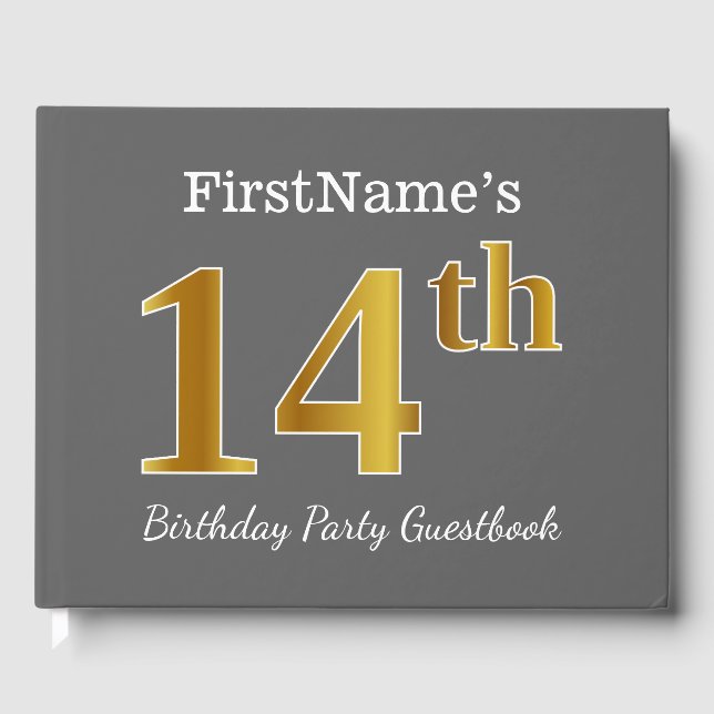 Grey, Faux Gold 14th Birthday Party + Custom Name Guest Book (Front)