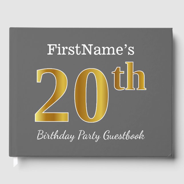 Grey, Faux Gold 20th Birthday Party + Custom Name Guest Book (Front)