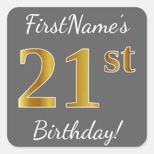 Grey, Faux Gold 21st Birthday + Custom Name Square Sticker
