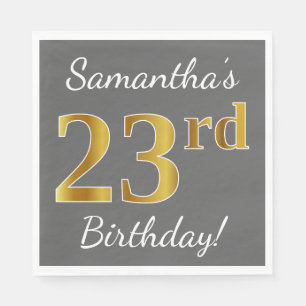 Grey, Faux Gold 23rd Birthday + Custom Name Napkin