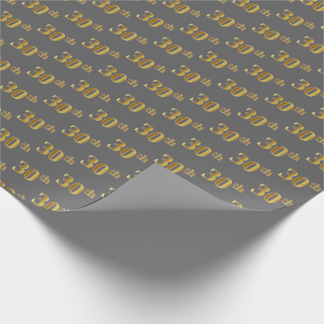 Grey, Faux Gold 30th (Thirtieth) Event Wrapping Paper (Corner)