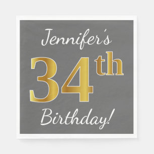 Grey, Faux Gold 34th Birthday + Custom Name Napkin