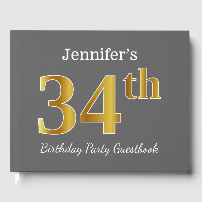 Grey, Faux Gold 34th Birthday Party + Custom Name Guest Book (Front)