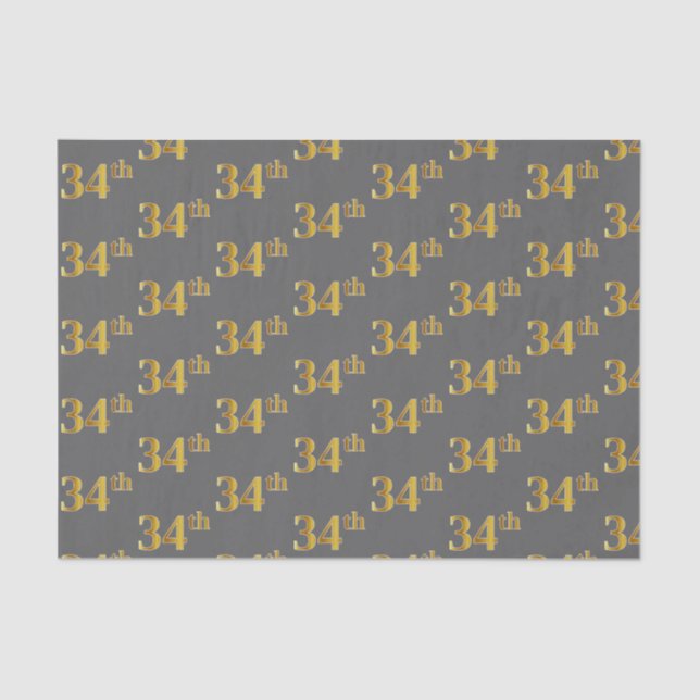 Grey, Faux Gold 34th (Thirty-Fourth) Event Tissue Paper (Front)