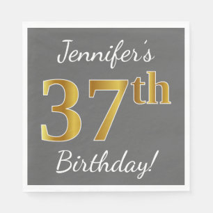 Grey, Faux Gold 37th Birthday + Custom Name Napkin