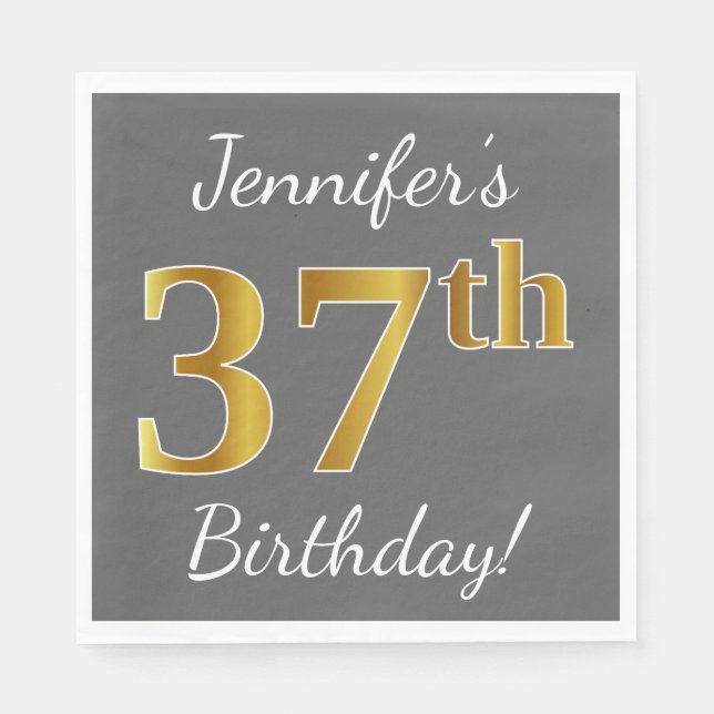 Grey, Faux Gold 37th Birthday + Custom Name Napkin (Front)