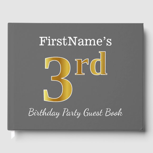 Grey, Faux Gold 3rd Birthday Party + Custom Name Guest Book (Front)