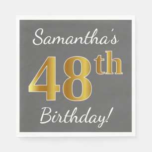 Grey, Faux Gold 48th Birthday + Custom Name Napkin