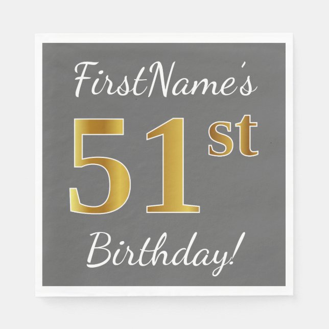 Grey, Faux Gold 51st Birthday + Custom Name Napkin (Front)
