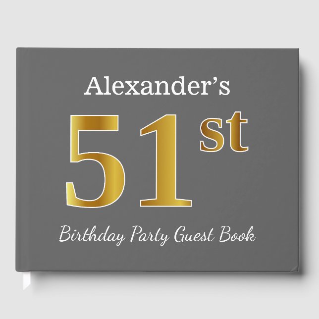 Grey, Faux Gold 51st Birthday Party + Custom Name Guest Book (Front)