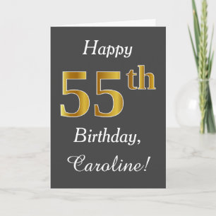 Grey, Faux Gold 55th Birthday + Custom Name Card