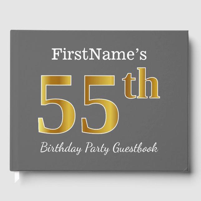 Grey, Faux Gold 55th Birthday Party + Custom Name Guest Book (Front)
