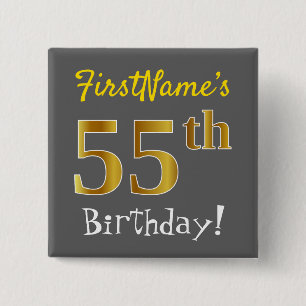 Grey, Faux Gold 55th Birthday, With Custom Name 2 Inch Square Button