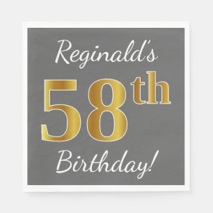 Grey, Faux Gold 58th Birthday + Custom Name Napkin
