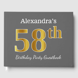 Grey, Faux Gold 58th Birthday Party + Custom Name Guest Book