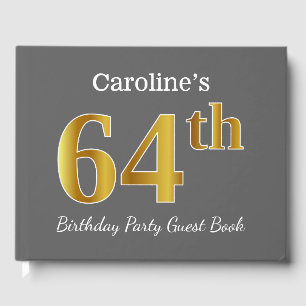 Grey, Faux Gold 64th Birthday Party + Custom Name Guest Book