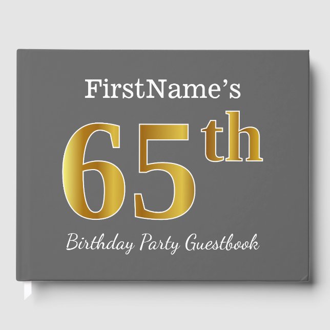 Grey, Faux Gold 65th Birthday Party + Custom Name Guest Book (Front)