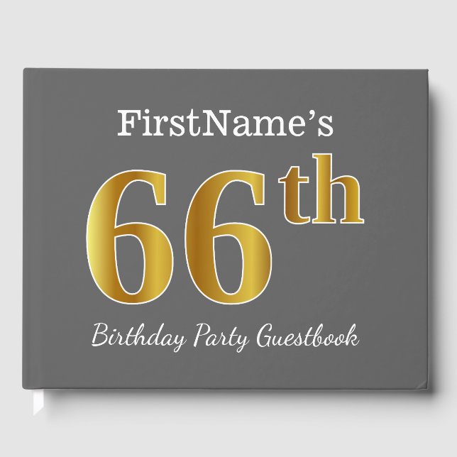 Grey, Faux Gold 66th Birthday Party + Custom Name Guest Book (Front)