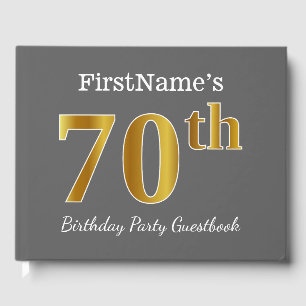 Grey, Faux Gold 70th Birthday Party + Custom Name Guest Book