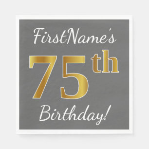 Grey, Faux Gold 75th Birthday + Custom Name Napkin