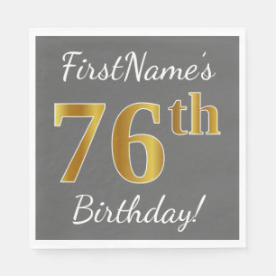 Grey, Faux Gold 76th Birthday + Custom Name Napkin