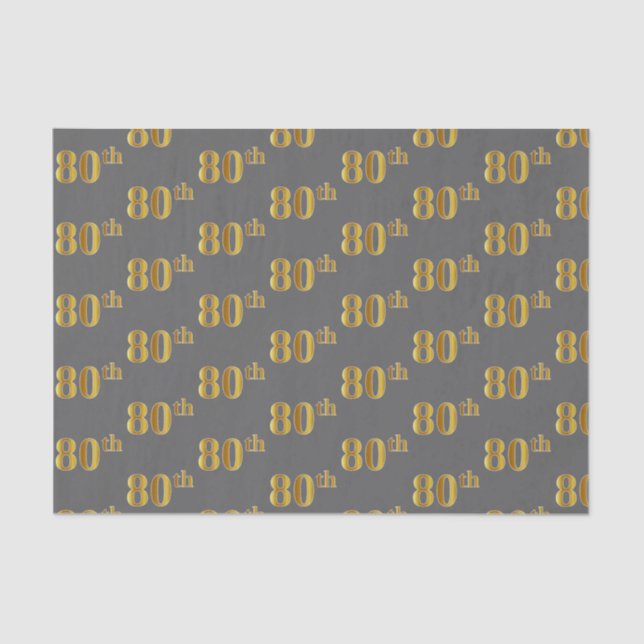 Grey, Faux Gold 80th (Eightieth) Event Tissue Paper (Front)
