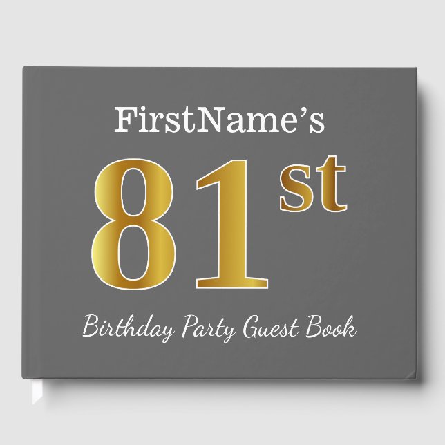 Grey, Faux Gold 81st Birthday Party + Custom Name Guest Book (Front)