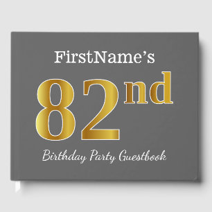Grey, Faux Gold 82nd Birthday Party + Custom Name Guest Book