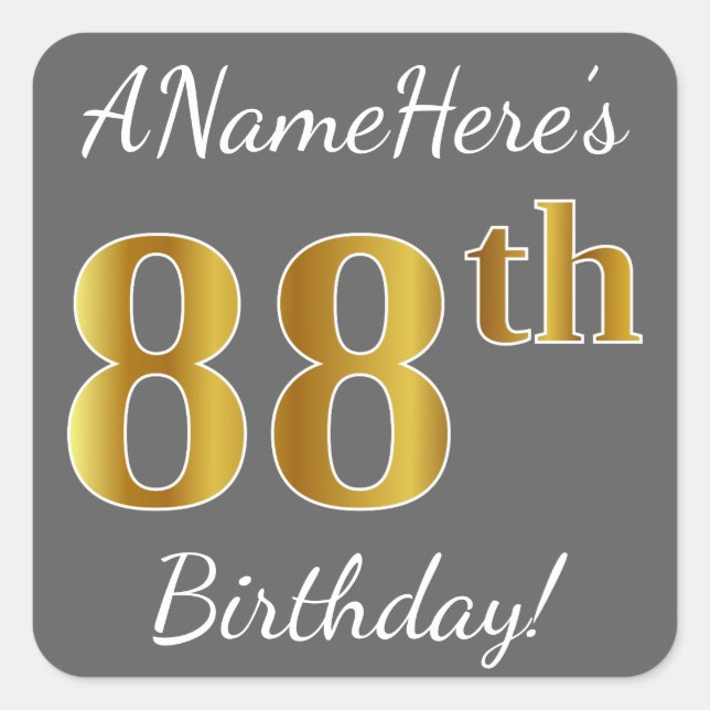 Grey, Faux Gold 88th Birthday + Custom Name Square Sticker (Front)