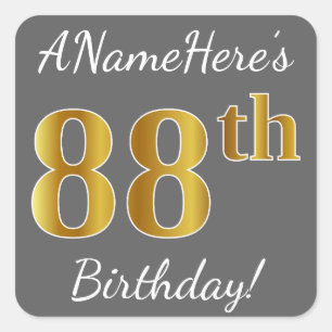 Grey, Faux Gold 88th Birthday + Custom Name Square Sticker