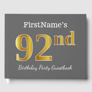 Grey, Faux Gold 92nd Birthday Party + Custom Name Guest Book
