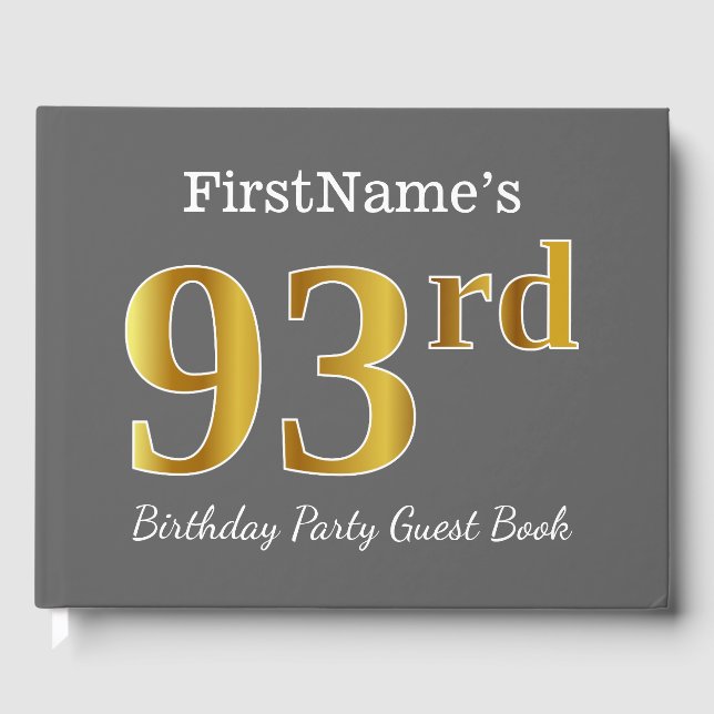Grey, Faux Gold 93rd Birthday Party + Custom Name Guest Book (Front)
