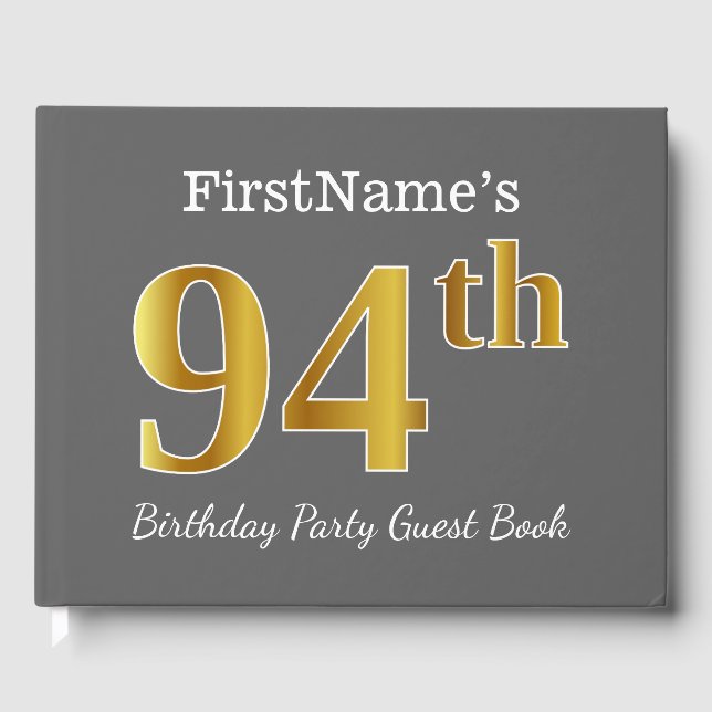Grey, Faux Gold 94th Birthday Party + Custom Name Guest Book (Front)