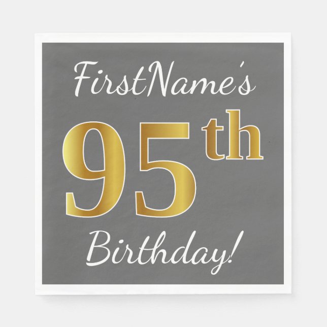 Grey, Faux Gold 95th Birthday + Custom Name Napkin (Front)