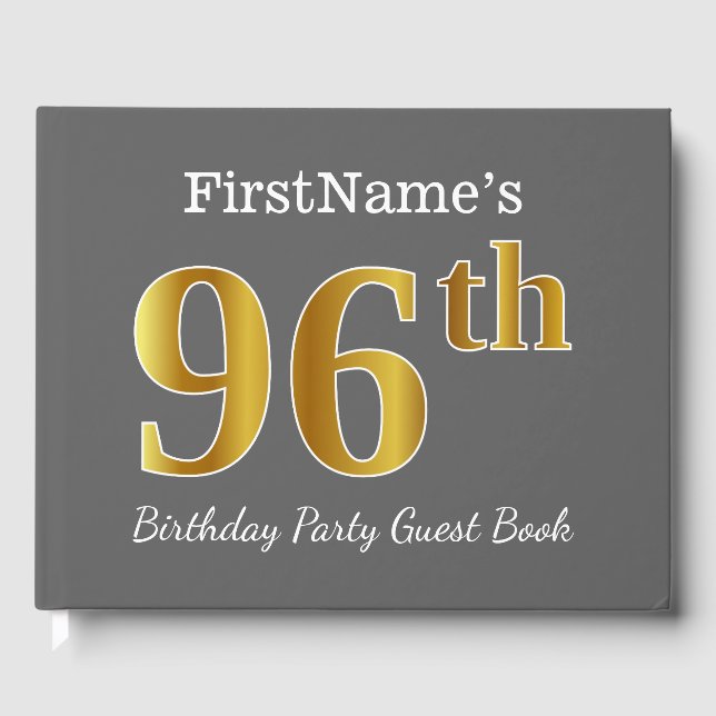 Grey, Faux Gold 96th Birthday Party + Custom Name Guest Book (Front)
