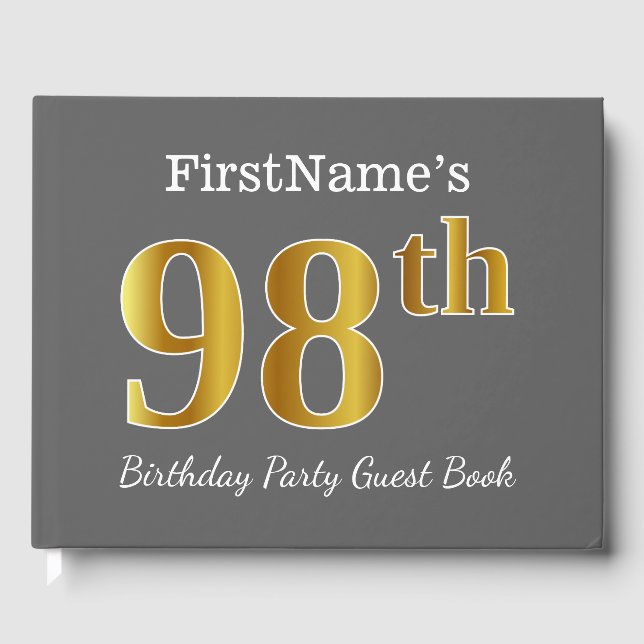 Grey, Faux Gold 98th Birthday Party + Custom Name Guest Book (Front)