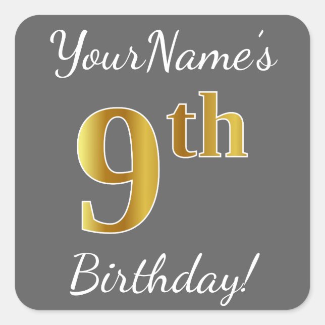 Grey, Faux Gold 9th Birthday + Custom Name Sticker (Front)