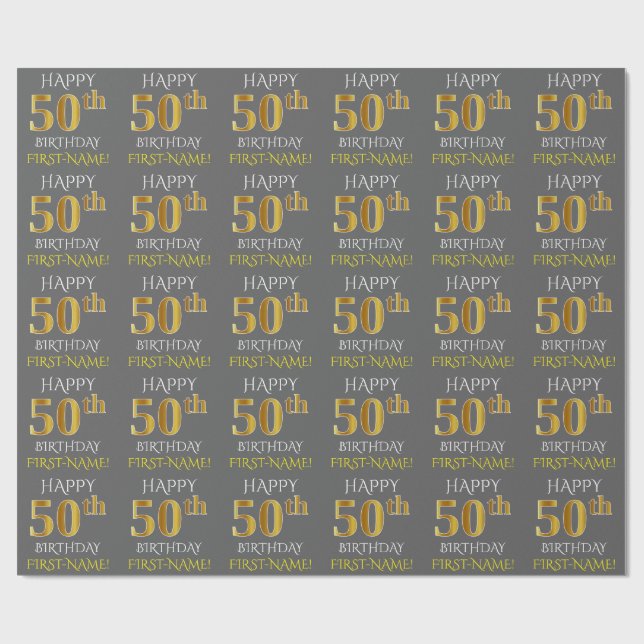 Grey, Faux Gold "HAPPY 50th BIRTHDAY" Wrapping Paper (Flat)