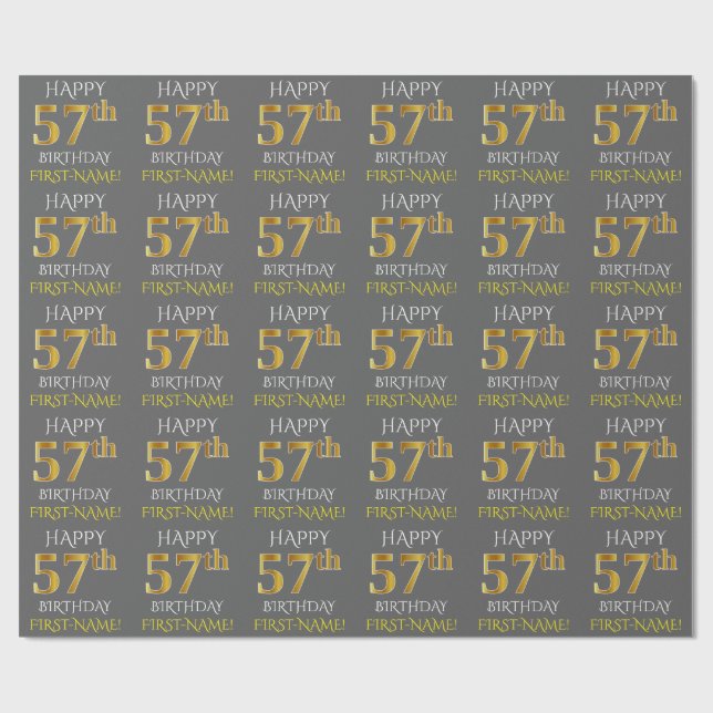 Grey, Faux Gold "HAPPY 57th BIRTHDAY" Wrapping Paper (Flat)