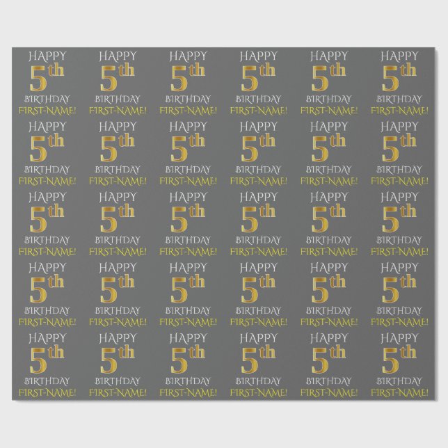 Grey, Faux Gold "HAPPY 5th BIRTHDAY" Wrapping Paper (Flat)